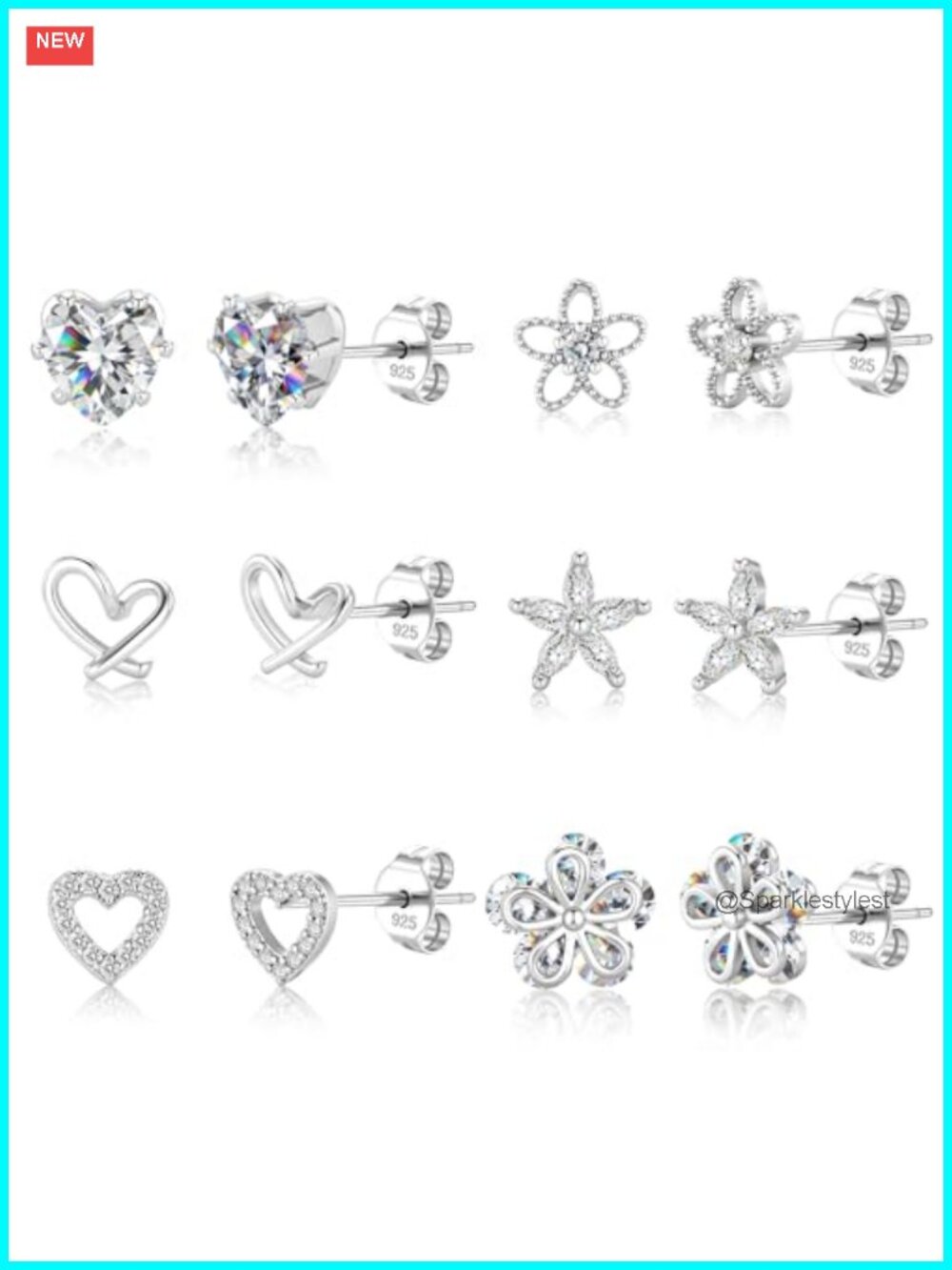 Sterling Silver Post Stud Earrings Set 14k White Gold Plated Cubic Zirconia